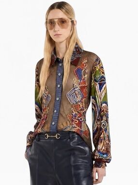 Save The Queen Multicolor Printed Sheer Blouse with Brown Base